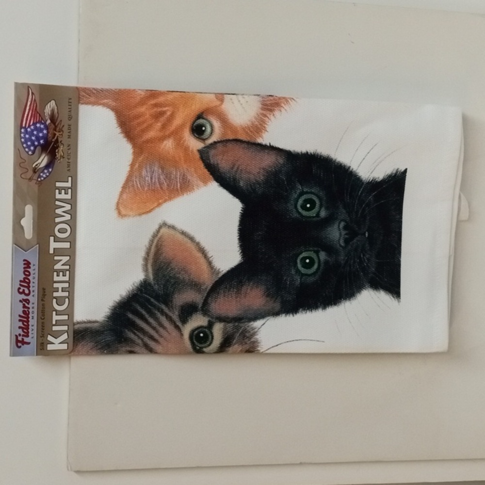 Cat themed kitchen towel.  Silk screen cotton pique.  Made in USA